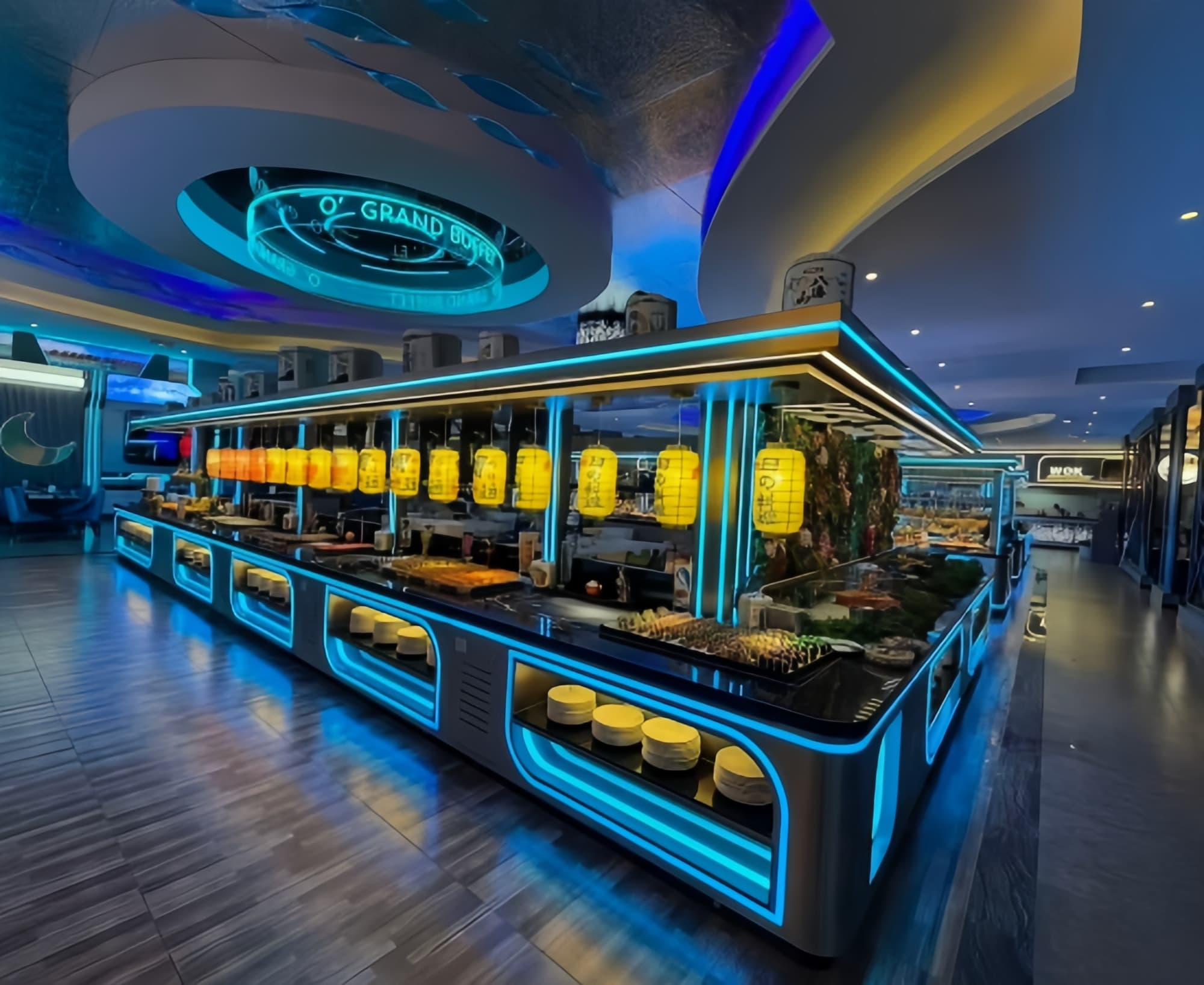 Grand buffet illuminé en néons cyan